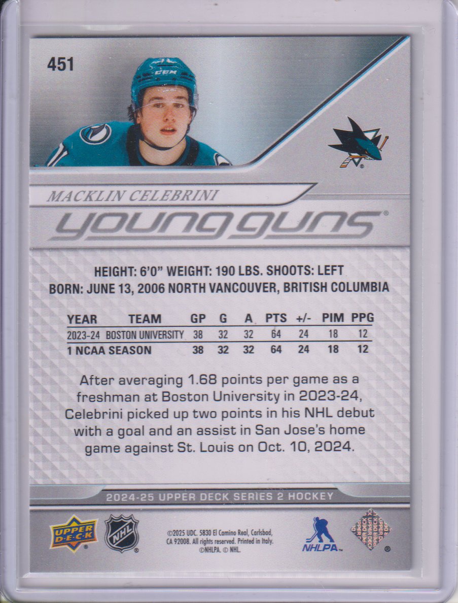 2024-25 Upper Deck #451 Macklin Celebrini YG RC