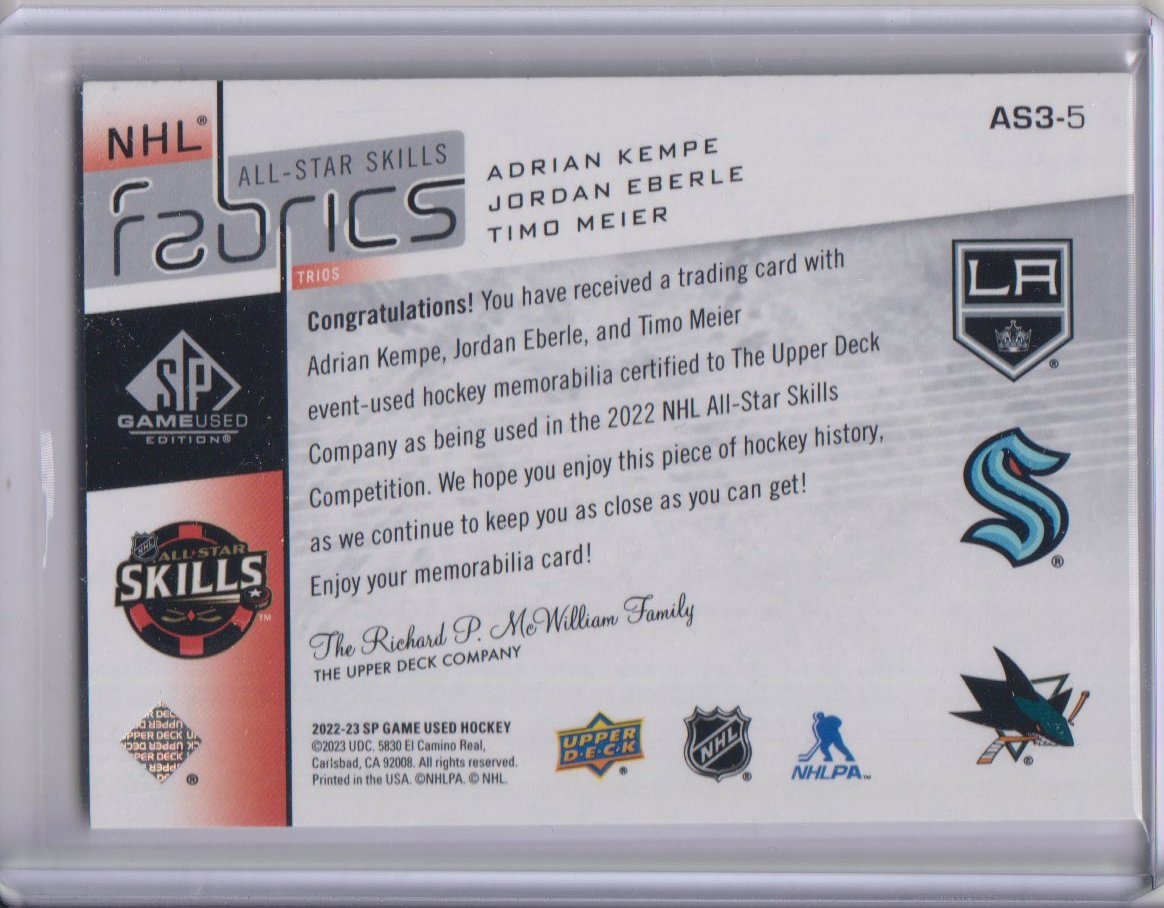 2022-23 SP Game Used '22 All Star Game Trio Jerseys #AS35 Adrian Kempe/Jordan Eberle/Timo Meier