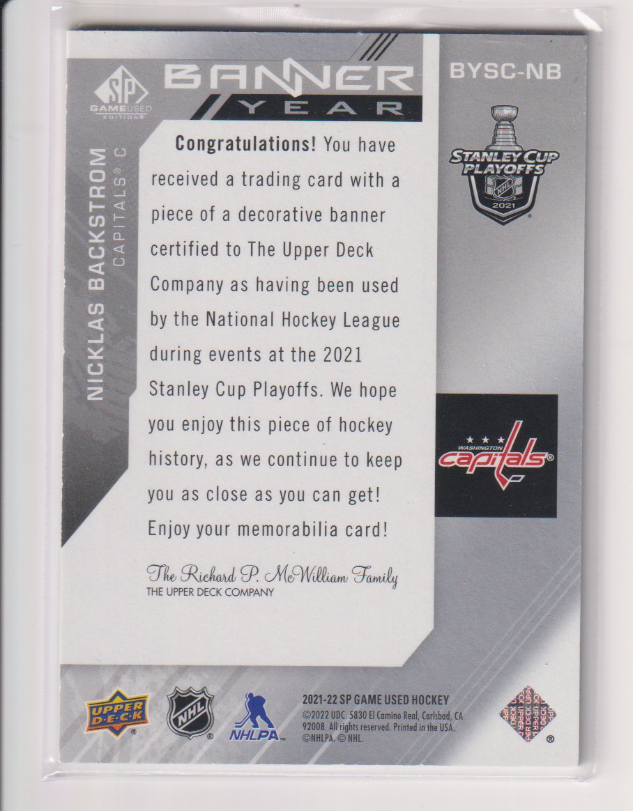 2021-22 SP Game Used '21 Stanley Cup Playoffs Banner Year Relics #BYSCNB Nicklas Backstrom