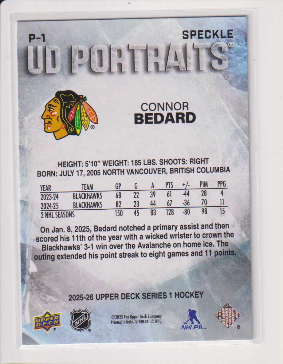 2025-26 Upper Deck UD Portraits Speckle #P1 Connor Bedard