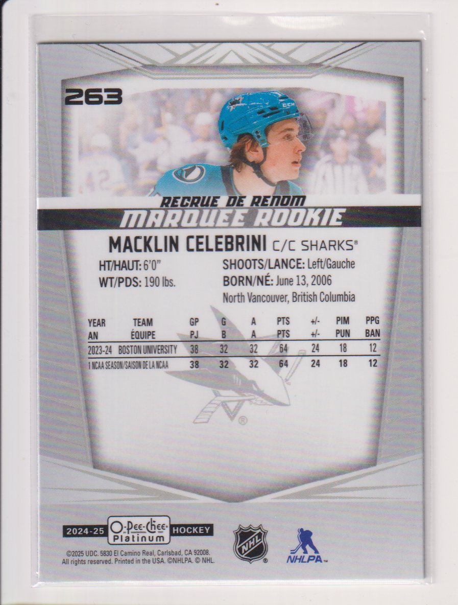2024-25 O-Pee-Chee Platinum #263 Macklin Celebrini RC
