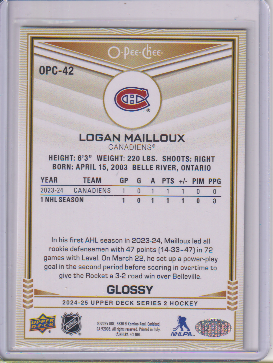 2024-25 Upper Deck O-Pee-Chee Glossy #OPC42 Logan Mailloux
