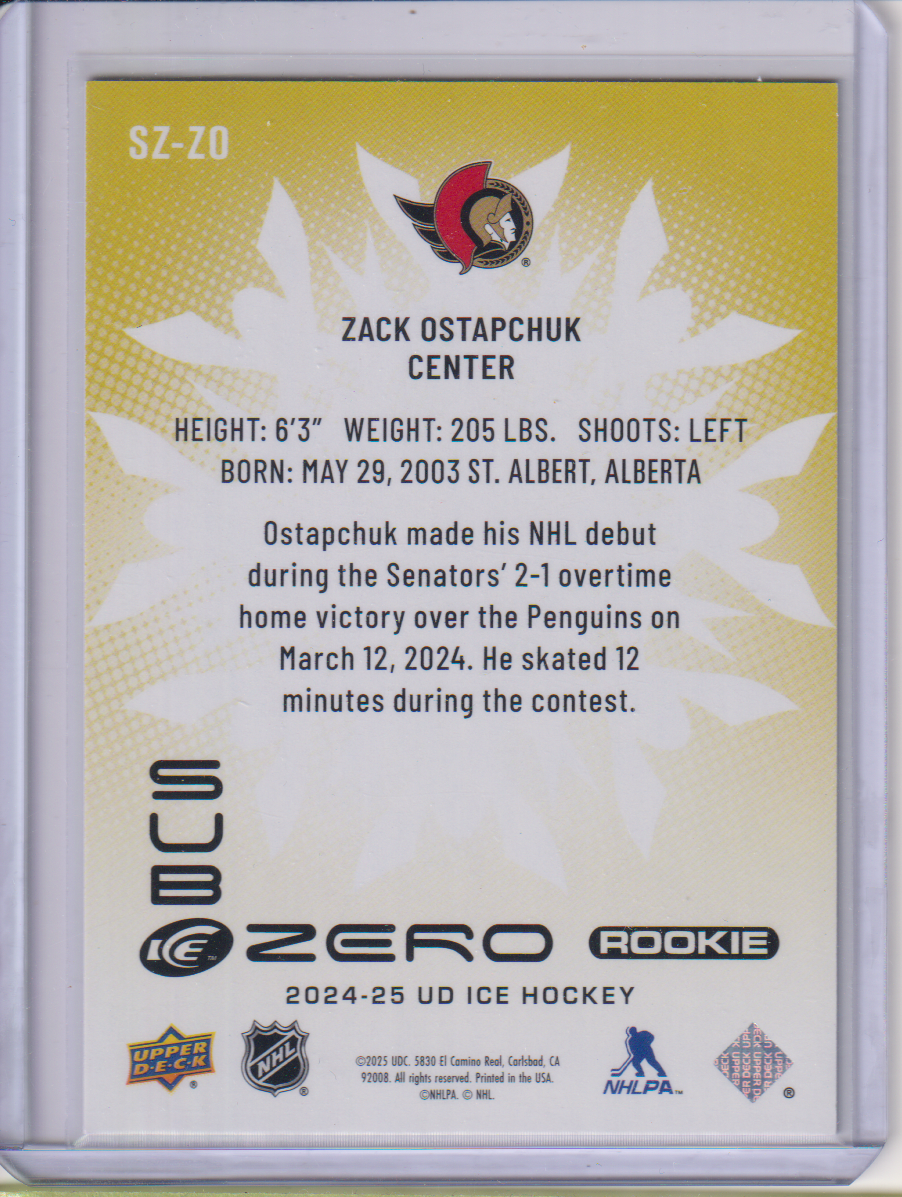 2024-25 Upper Deck Ice Sub Zero Rookies #SZZO Zack Ostapchuk /699